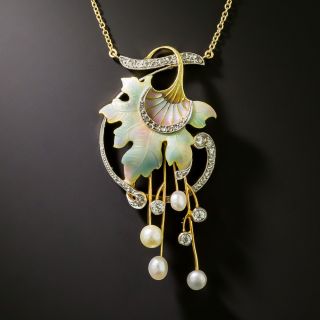 Art Nouveau Natural Pearl, Diamond and Enamel Leaf Pendant - 2