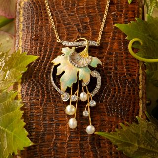 Art Nouveau Natural Pearl, Diamond and Enamel Leaf Pendant