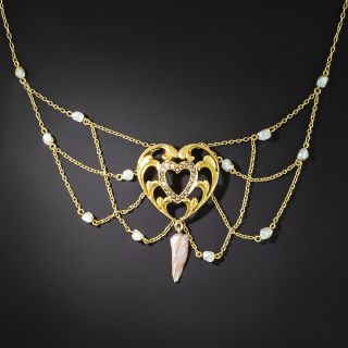 Art Nouveau Pearl Heart Necklace - 1