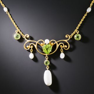 Art Nouveau Peridot and Freshwater Pearl Necklace - 3