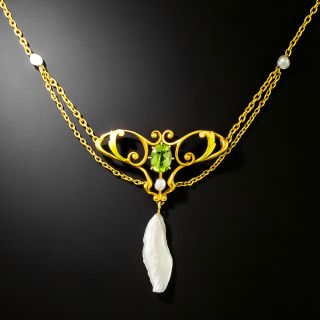 Art Nouveau Peridot and Natural Freshwater Pearl Drop Necklace - 3