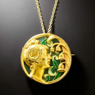 Art Nouveau Plique-à-Jour Femme with Lily of the Valley Pendant/Brooch - 2