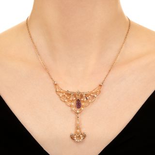 Art Nouveau Seed Pearl and Amethyst Drop Necklace by Sulzberger Brothers