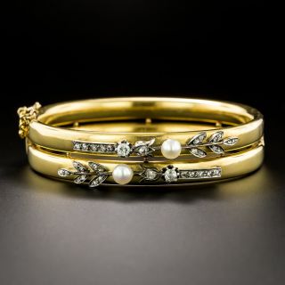 Belle Époque Natural Pearl and Diamond Bangle Bracelet, French - 3