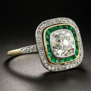 Black Starr & Frost 2.35 Carat Antique Cushion Cut Diamond and Emerald Ring