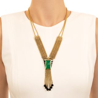 Art Deco Green Chalcedony, Onyx, and Enamel Tassel Necklace