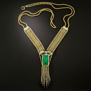 Art Deco Green Chalcedony, Onyx, and Enamel Tassel Necklace - 2