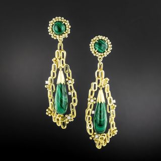 Brutalist Malachite and Diamond Dangle Earrings - 2