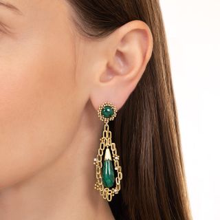 Brutalist Malachite and Diamond Dangle Earrings