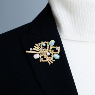 Brutalist Opal and Diamond Brooch