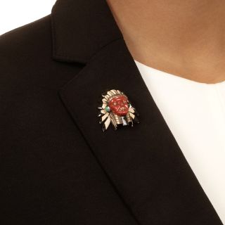 Cartier Paris Art Deco Native American Chief Enamel and Diamond Brooch
