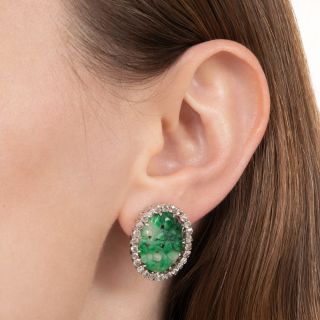 Carved Burmese Jade and Rose-Cut Diamond Earrings