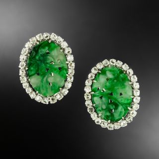 Carved Burmese Jade and Rose-Cut Diamond Earrings - 2