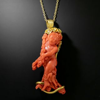 Carved Coral Putto Pendant Necklace - 2