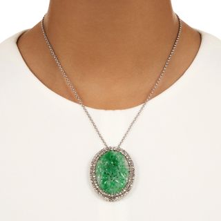 Carved Jade And Rose-Cut Diamond Halo Pendant