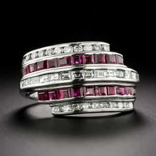 Contemporary Five-Row Diamond and Ruby Ring - 1