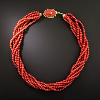 Coral Torsade Necklace with Carved Coral Clasp - 3