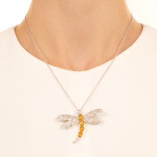 Diamond and Golden Sapphire Dragonfly Pendant/Brooch - GIA