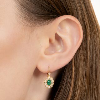 Early 20th Century Cabochon Emerald and Diamond Halo Drop Earrings