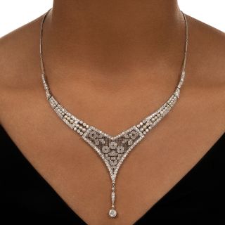 Early Art Deco Mesh, Diamond and Natural Pearl Necklace