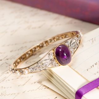 Edwardian Amethyst, Diamond and Natural Pearl Bangle by Black, Starr & Frost