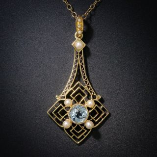 Edwardian Aquamarine and Natural Pearl Necklace - 3