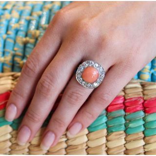 Edwardian Coral and Diamond Halo Ring