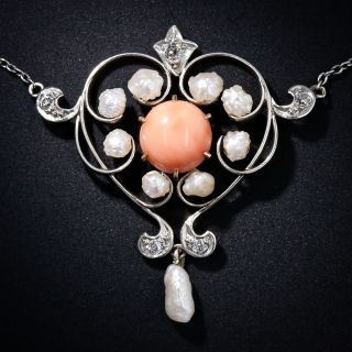 Edwardian Coral and Natural Pearl Stylized Heart Necklace - 1