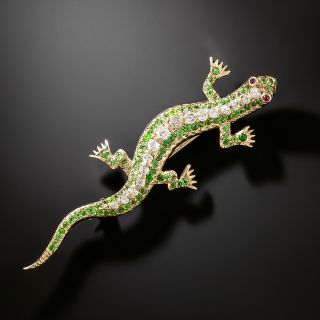 Edwardian Demantoid Garnet and Diamond Salamander Brooch - 2