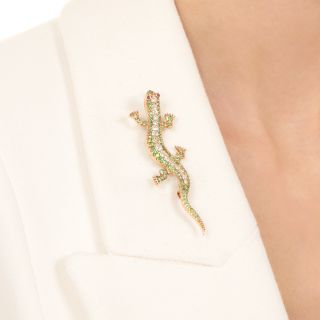 Edwardian Demantoid Garnet and Diamond Salamander Brooch