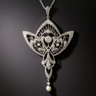 Edwardian Diamond and Natural Pearl Lavalière  - 2