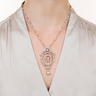 Edwardian Diamond and Natural Pearl Necklace - GIA