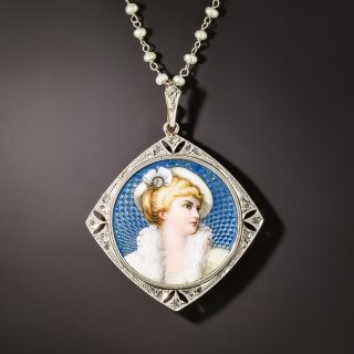 Edwardian Enameled Portrait Locket Pendant With Pearl Chain - 3