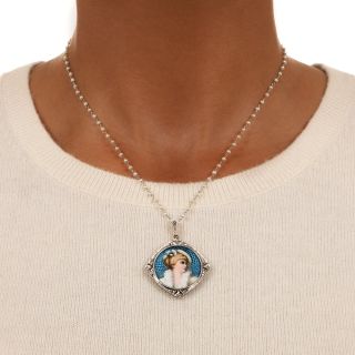 Edwardian Enameled Portrait Locket Pendant With Pearl Chain