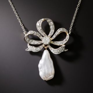Edwardian Freshwater Pearl and Diamond Bow Pendant - 4