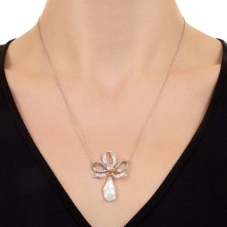 Edwardian Freshwater Pearl and Diamond Bow Pendant