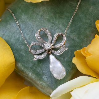 Edwardian Freshwater Pearl and Diamond Bow Pendant