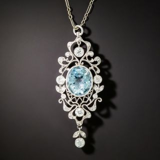 Edwardian Intaglio Aquamarine  and Diamond Lavaliere Necklace - 1