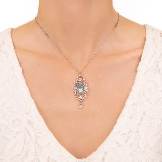 Edwardian Intaglio Aquamarine  and Diamond Lavaliere Necklace