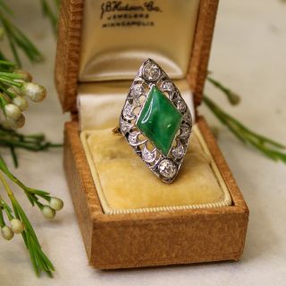 Edwardian Natural Jade and Diamond Dinner Ring