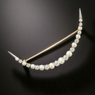 Edwardian Natural Pearl and Diamond Crescent Brooch - 3