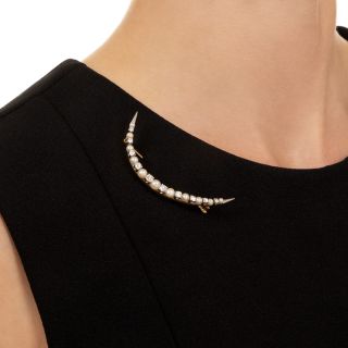 Edwardian Natural Pearl and Diamond Crescent Brooch