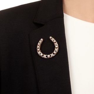 Edwardian Natural Pearl and Diamond Horseshoe Brooch by Allsopp & Allsopp