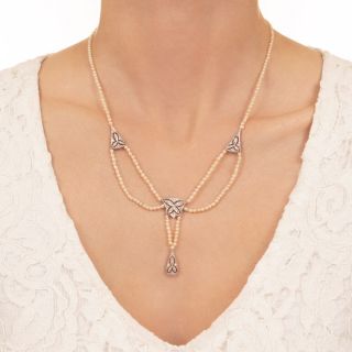 Edwardian Natural Pearl and Diamond Necklace - GIA