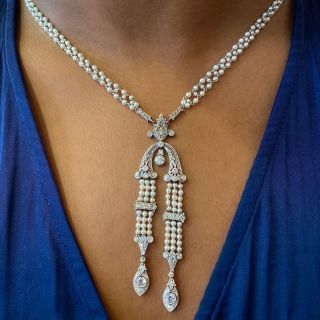 Edwardian Natural Pearl and Diamond Sautoir Necklace