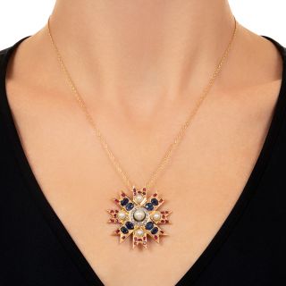 Edwardian Natural Pearl, Ruby and Sapphire Double Maltese Cross Pendant, French