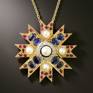 Edwardian Natural Pearl, Ruby and Sapphire Double Maltese Cross Pendant, French - 2
