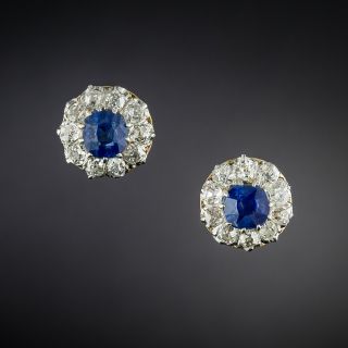 Edwardian No-Heat Sapphire and Diamond Halo Earrings  - 2