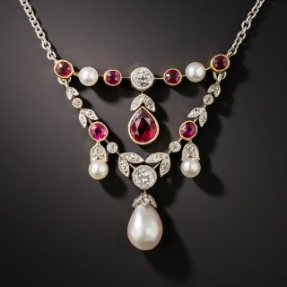 Edwardian Ruby, Natural Pearl and Diamond Necklace - 4