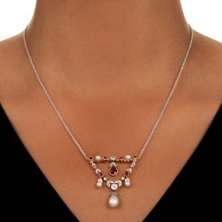 Edwardian Ruby, Natural Pearl and Diamond Necklace